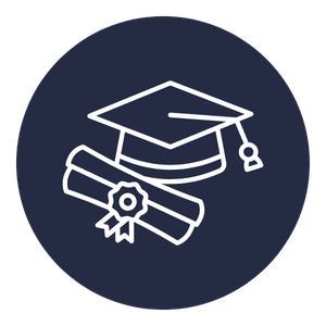 Graduation cap and diploma icon in a navy circle