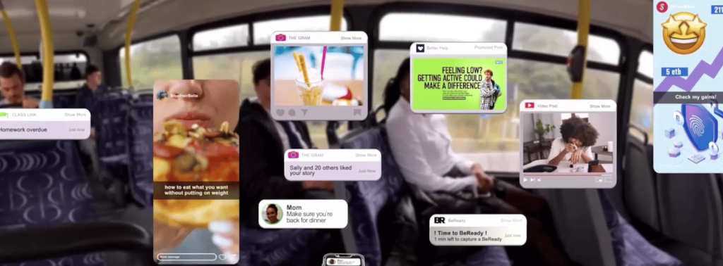 Still from a Cornerstone VR film: social media posts and notifications float around passengers on a bus